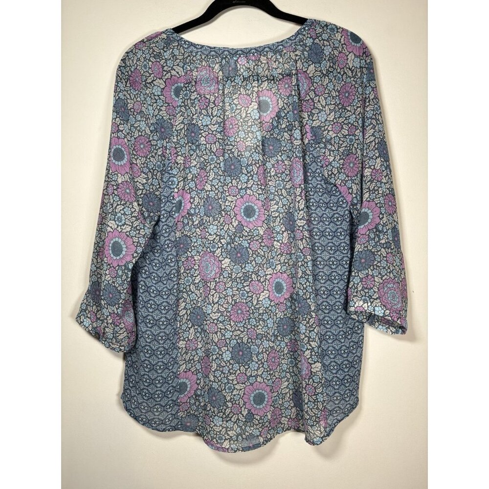 J. JILL Floral Sheer 3/4 Sleeve Blouse Blue Tie Size Medium Boho Cottagecore‎ - Picture 4 of 8